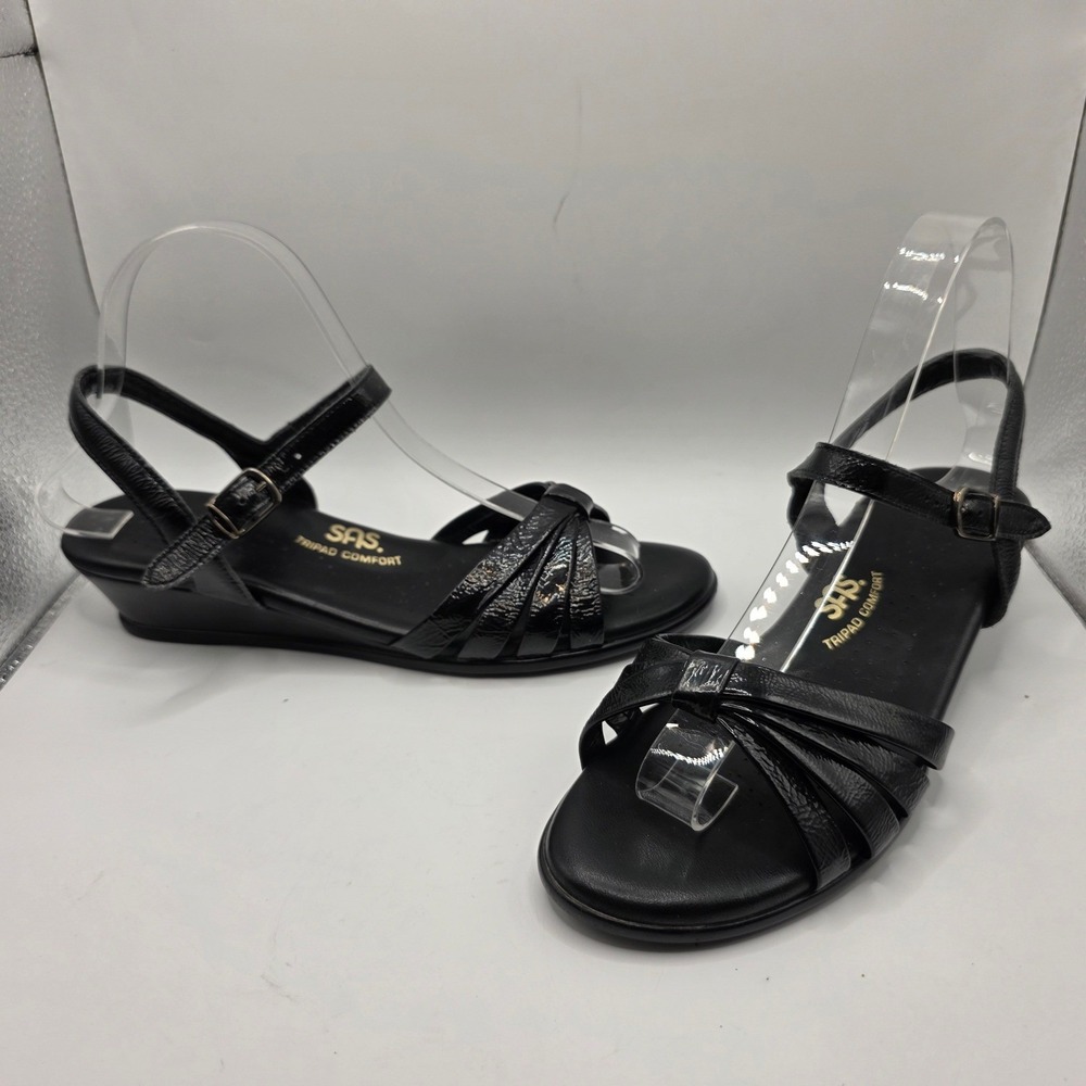SAS Tripad Comfort Black Patent Leather Wedge Sandals Womens 8 N Made in USA